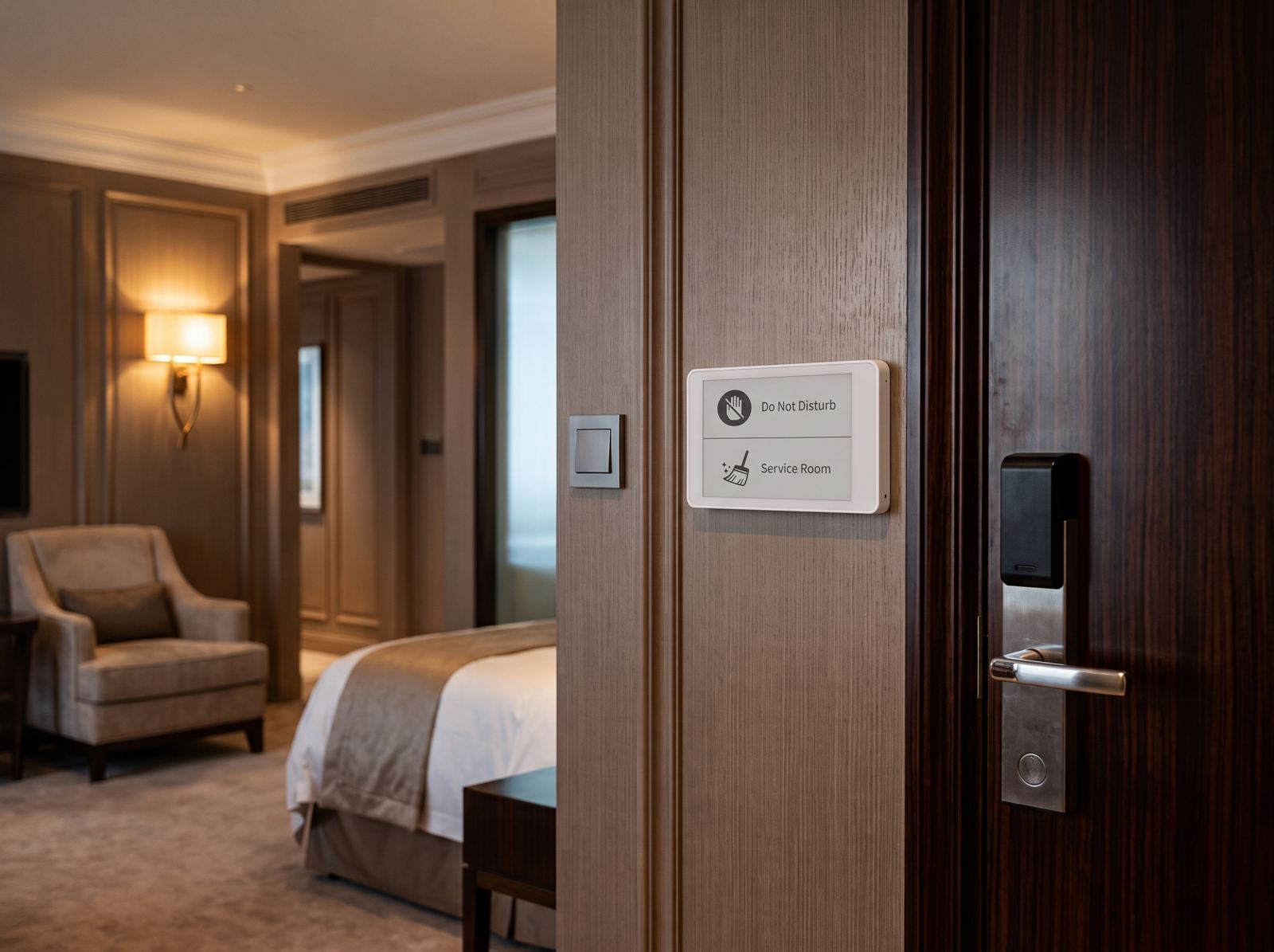 E-ink do-not-disturb sign next to a Westbrook Hotel room door, showing Do not disturb and Service room