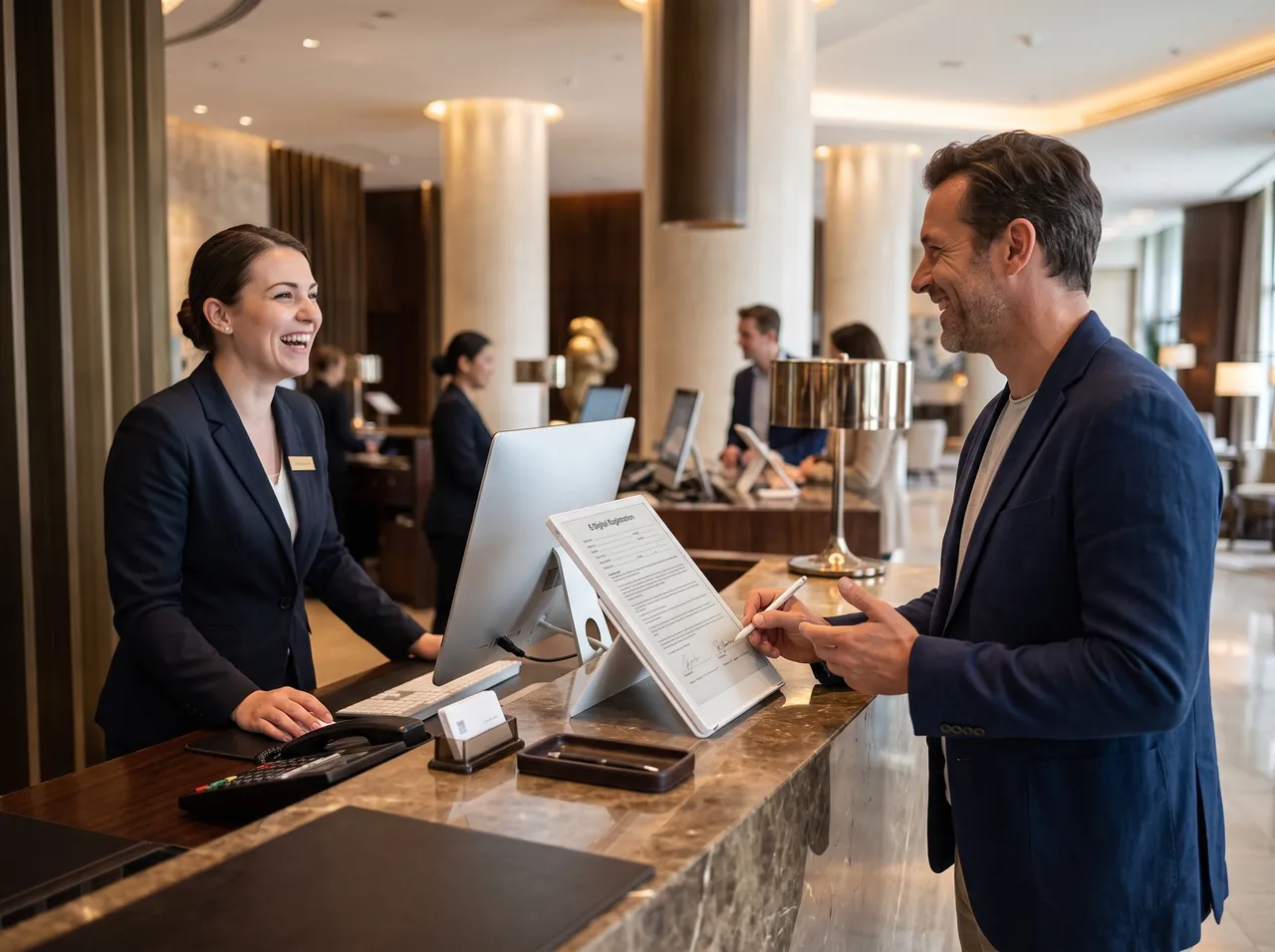 A guest signing the registration card on the tablet at the Westbrook Hotel front desk while the receptionist smiles