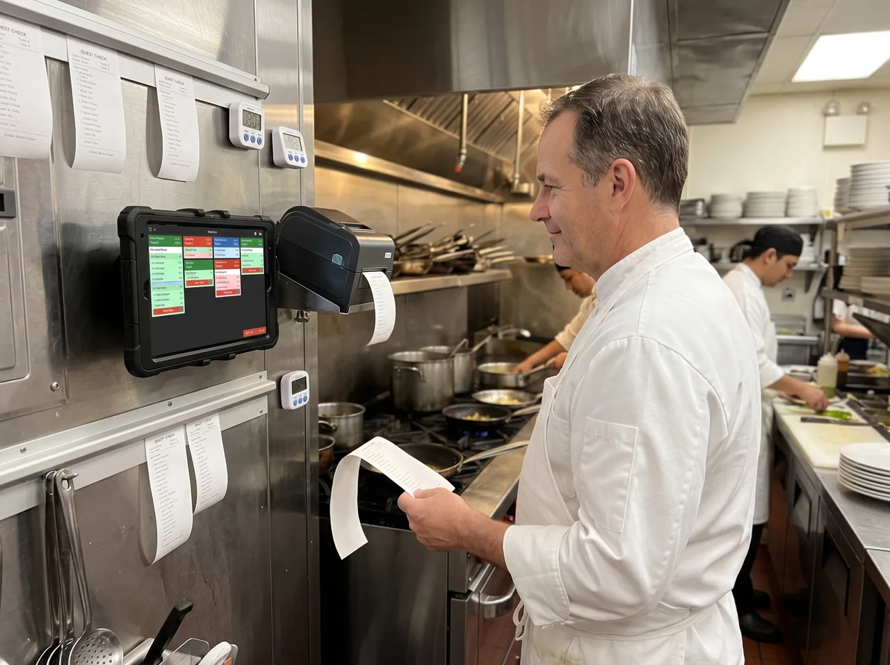 A cook at the pass of the Westbrook Hotel kitchen reading a new order on the tablet screen.