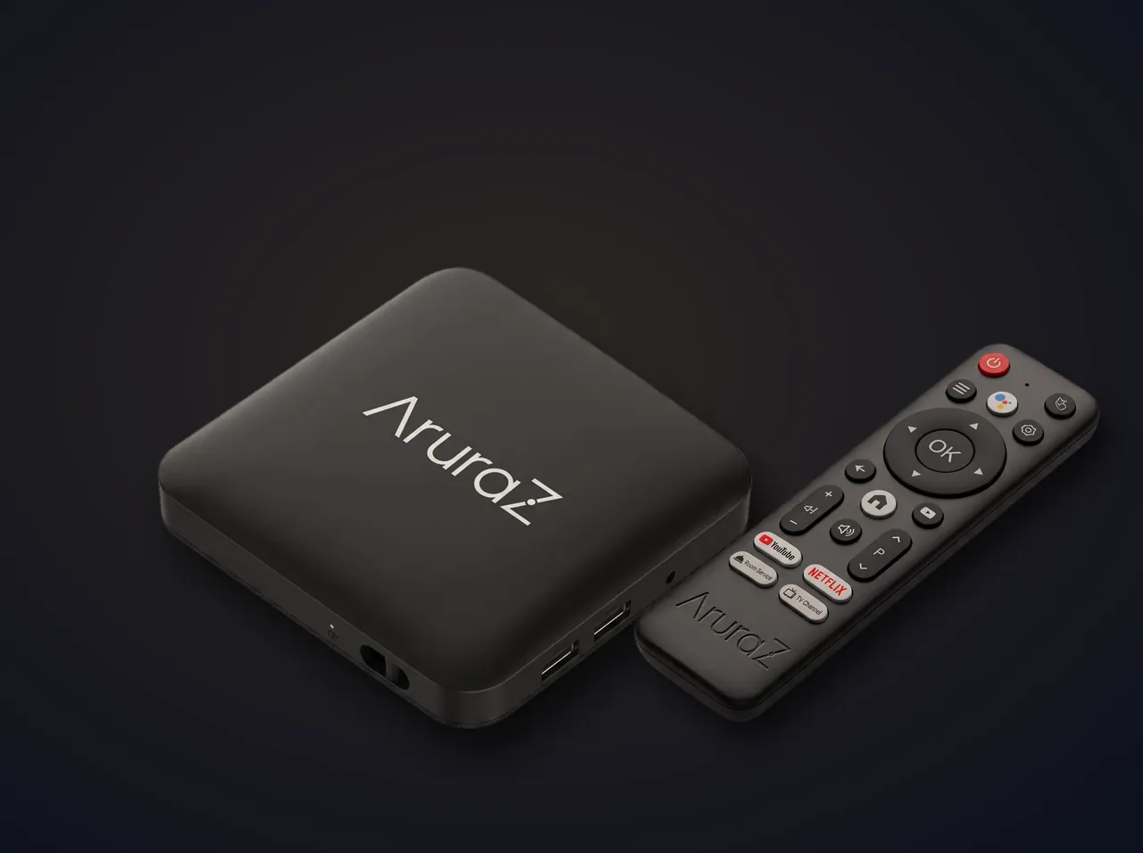 The AruraZ room TV box with the AruraZ remote beside it, on a dark surface