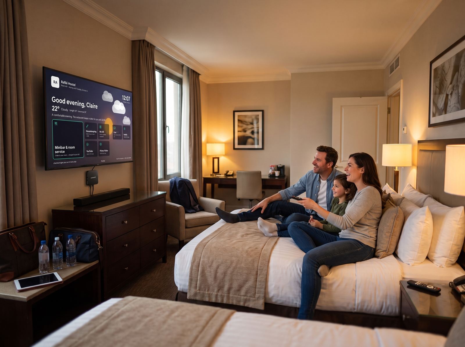 Guests watching the AruraZ room TV in a Westbrook Hotel room, with a welcome screen on the wall